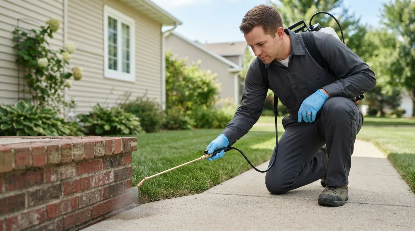 Pest control technician treating a home near Newcastle, TX